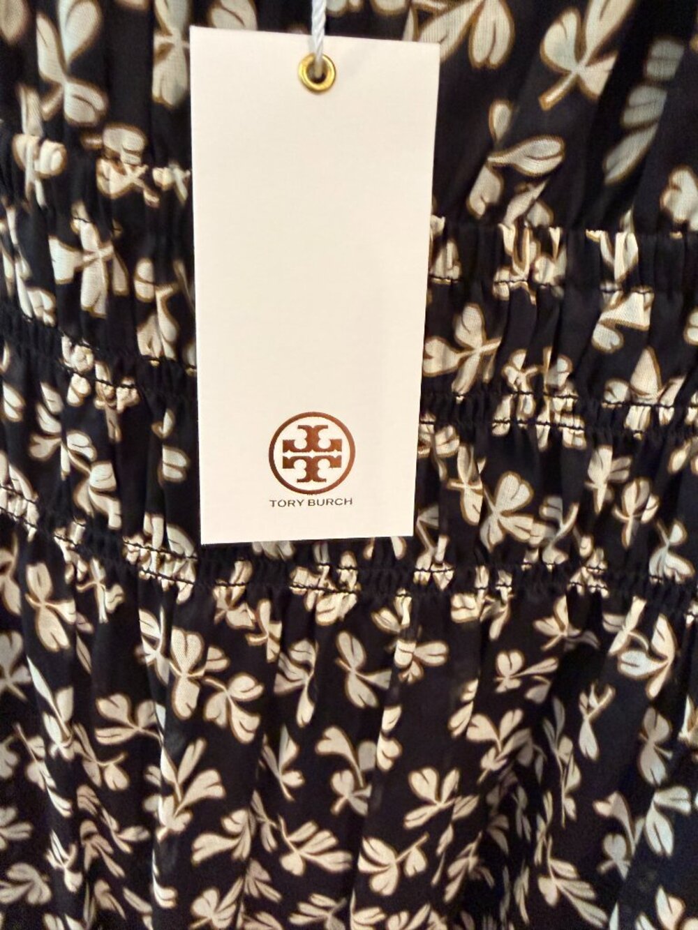 NWT $498 Tory Burch Smocked Midi Dress in Black Little Leaves M 100% cotton - Picture 4 of 6